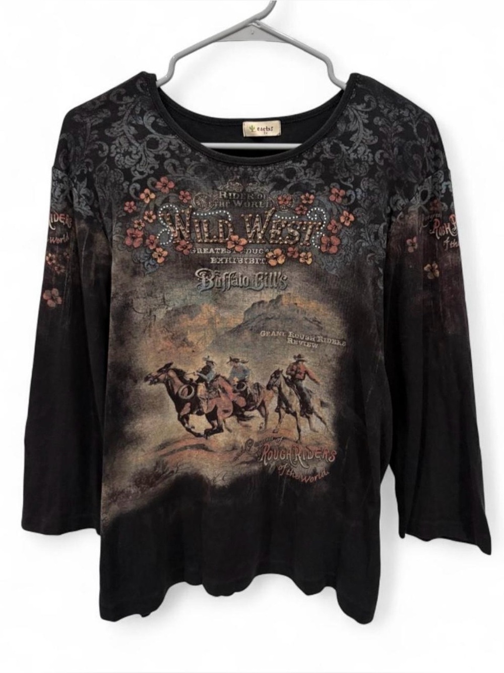 Cactus Western Graphic Top 1X Black Long Sleeve Buffalo Bill Wild West Rodeo Y2K